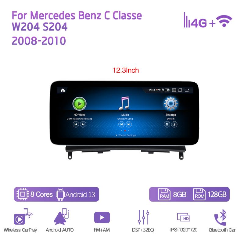 10.25/12.3" Android13 For Mercedes Benz C Classe W204 S204 2008-2010 Car Multimedia Player GPS Navigation CarPlay 4G 360Camera