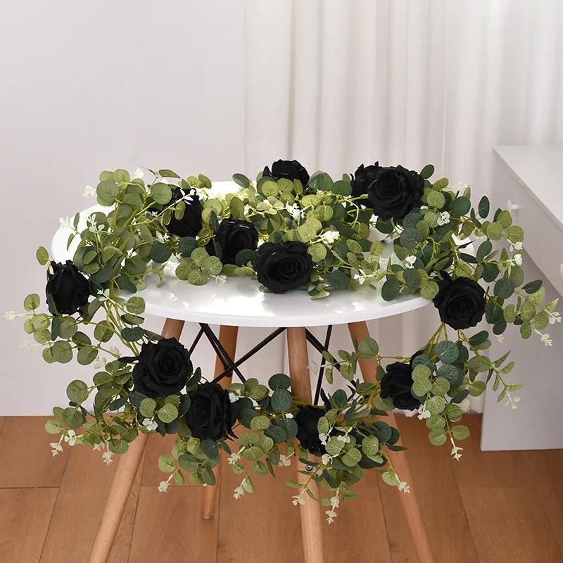 Imitation Eucalyptus Leaves Rattan Silk Roses Fake Flowers Vines Garden Balcony Living Room Decoration Artificial Rose Vine