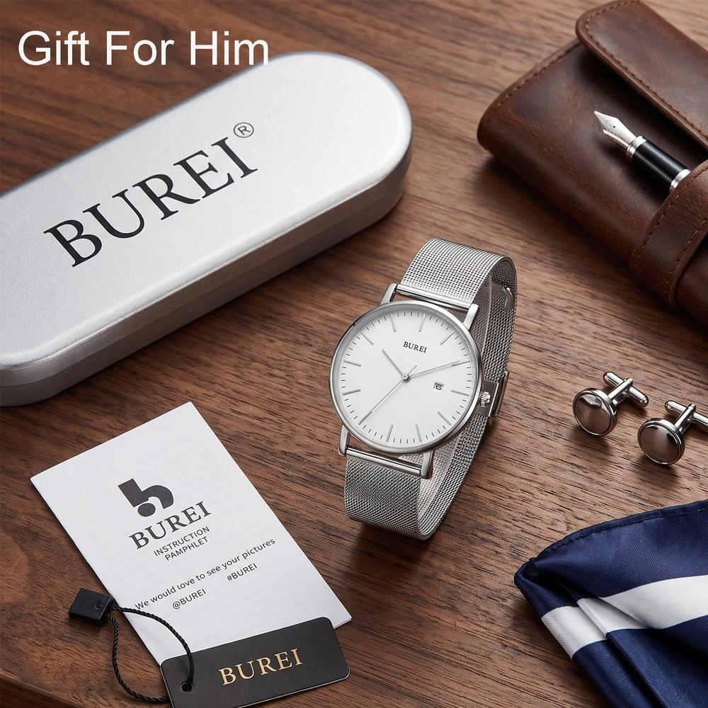 BUREI Men's Stylish Waterproof Analog Watch Silver White Milanese Mesh Band Fashion Wristwatch