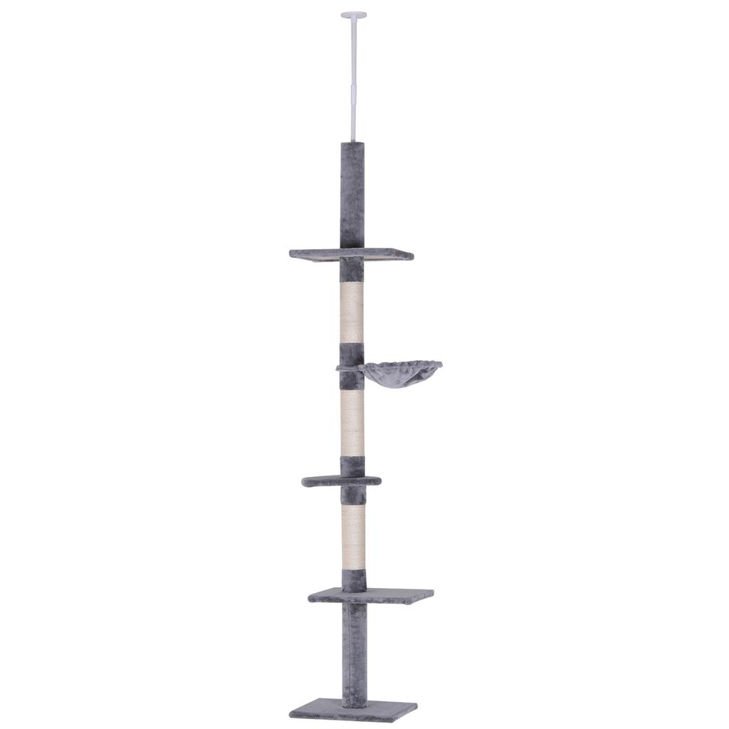 Floor to Ceiling Cat Tree 230-260cm Height Adjustable, 5-Tier Cat Tower with Scratching Posts, Hammock, Perches