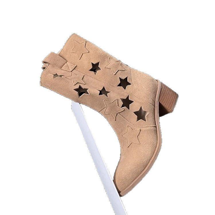 Hollow Star Western Cowboy Boots Women's 2025 Autumn Maillard Wind Boots V-mouth Skinny Thick-soled Medium Boots