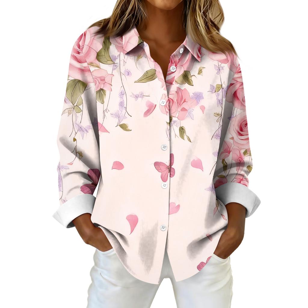 Damen Hemd Bluse Weihnachtsdruck Knopf Langarm Casual Basic Hemdkragen Normales Oberteil