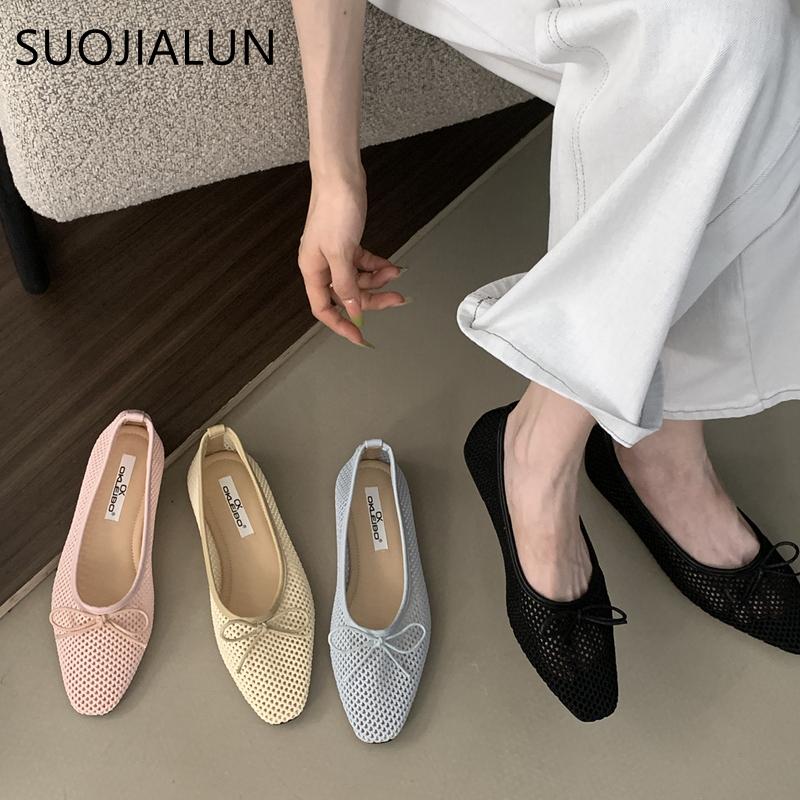 Fashion SUOJIALUN Spring New Women Flat Shoes Fashion Mesh Round Toe Ladies Elegant Mary Jane Shoes Soft Sole Outdoor Dress Ballerinas