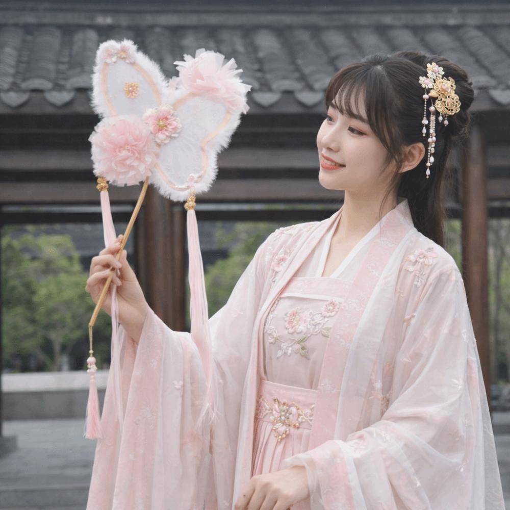 Handmade Silk Flower Fan Fluffy Embroidered Fan Elegant Photo Props Dance Performance