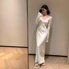 [] White V-neck Slim-fit Knitted Dress Design Sense with Coat Long Sweater Skirt Autumn and Winter