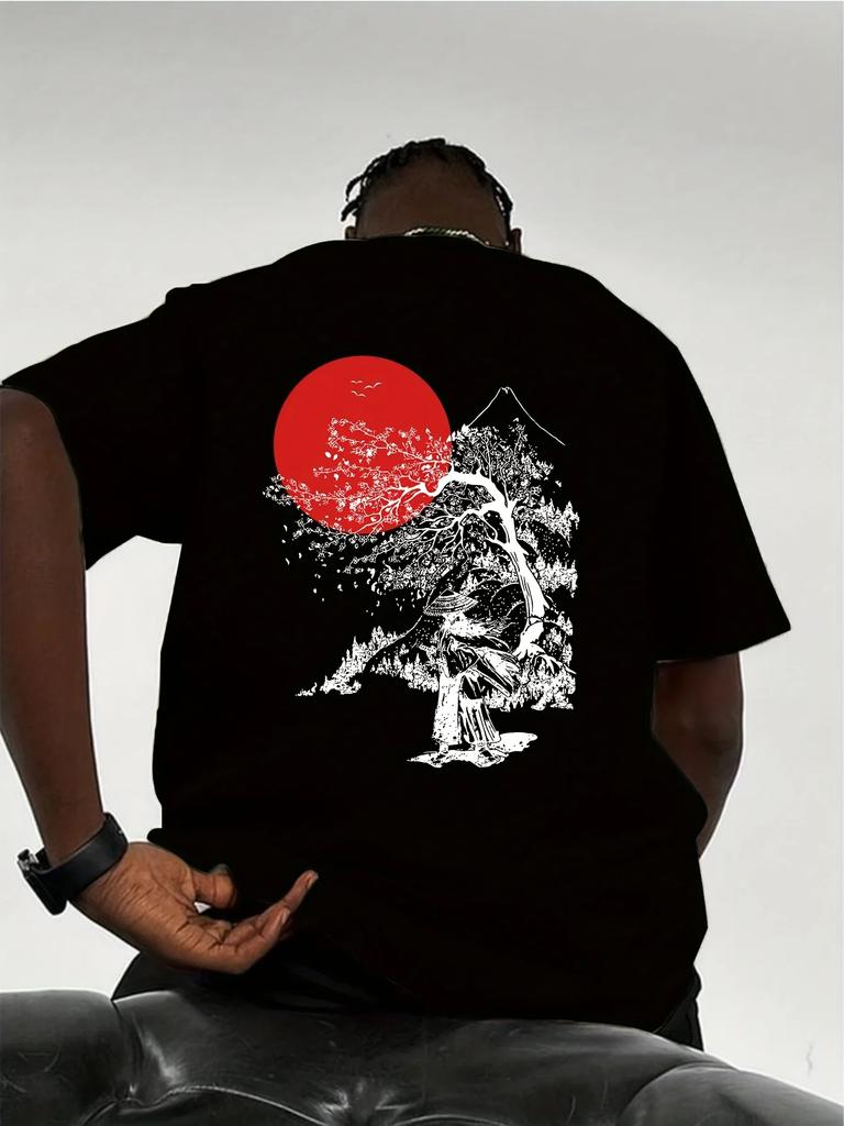 Mens Cotton Zeninspired Tshirt New Japanese Cherry Blossom and Mountain Pattern Bestselling Minimalist Tshirt