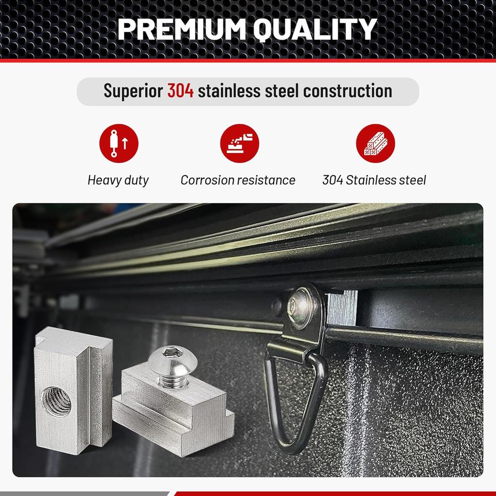 RED WOLF 3/8"-16 Thread T-Slot Nut For Toyota Tundra Tacoma Pickup Truck Cargo Bed Rail Deck Cleat Rack Trail 304 Stainless Steel Tie Down 6 Pack