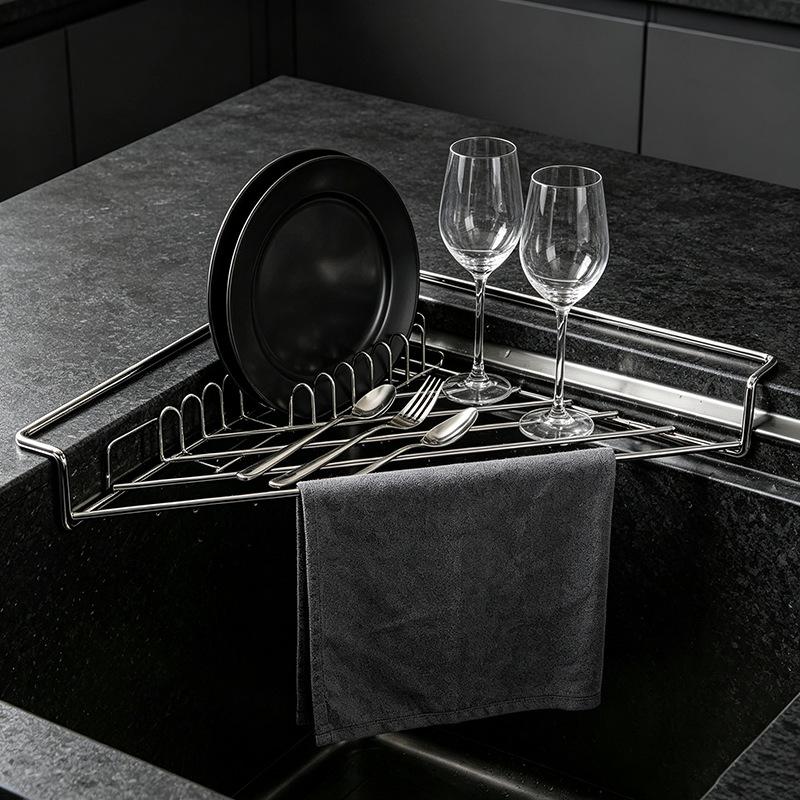 Triangle Stainless Steel Sink Drain Rack Load Bearing Large Capacity Drainable Kitchen Caddy for Sink Corner Organization