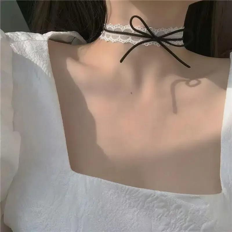 White Black Lace Bow Choker Necklace for Women Harajuku Gothic Dark Girl Lace Bow Sweet Collar Necklace Party Female Jewelry