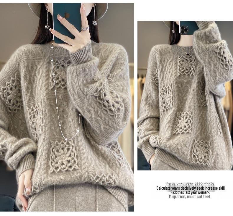 Women's Classic Round Neck 100% Pure Wool Knitted Sweater with Hollow Crochet Design Pullover.
