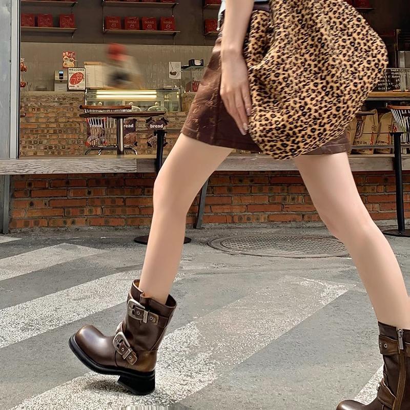 Spring New Square Head Mid-Tube Boots Maillard Locomotive Boots Mid-Heel Western Cowboy Boots Trendy Martin Boots Women'S Boots