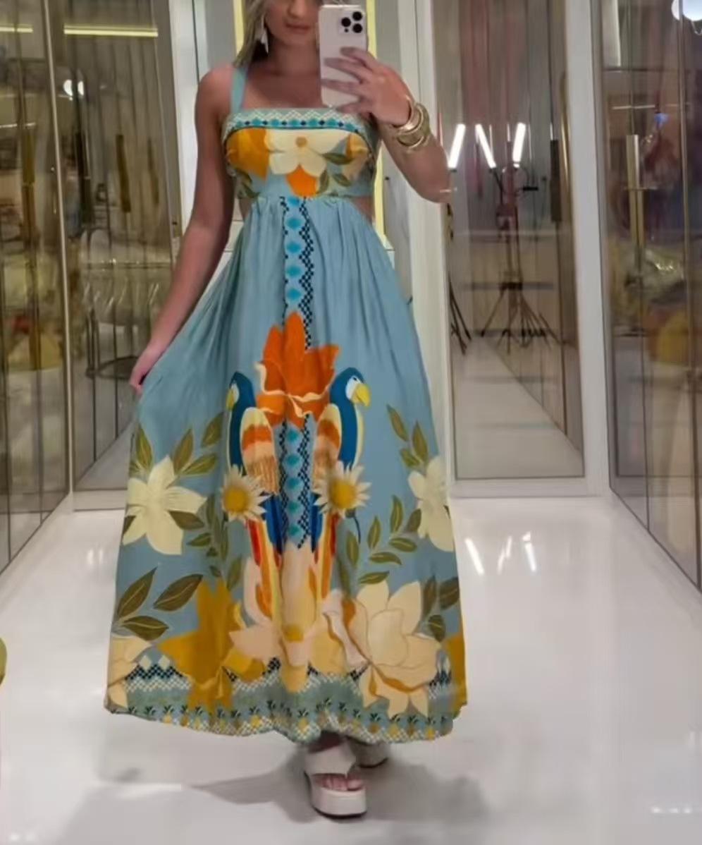 European and American new suspender sexy printing fashion long dress S