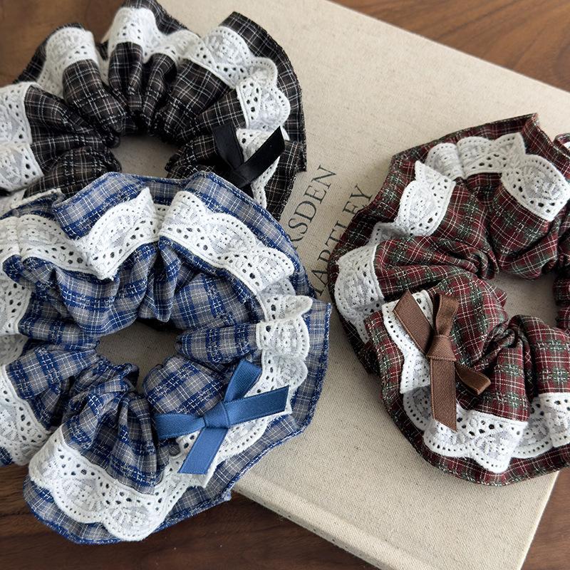 Retro Rutete Sjekk Blonder Hårstrikker Pannebånd for Kvinner Jenter Søt Hårstrikk Strikk Hestehale Gummistrikk Mote Tilbehør