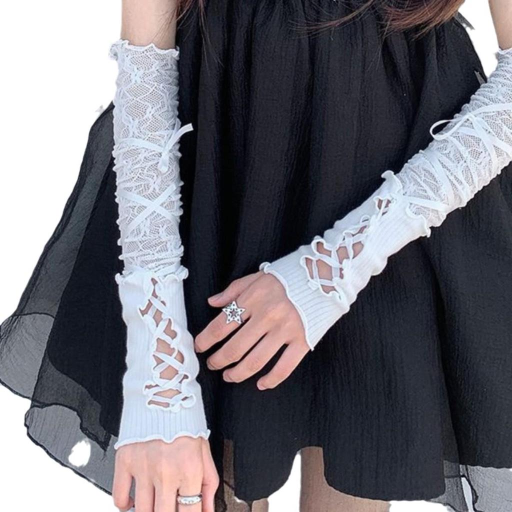 Y2K Ballet-Style Women's White Lace Fingerless Gloves - Thin, Sun Protection, Lace-Up Design