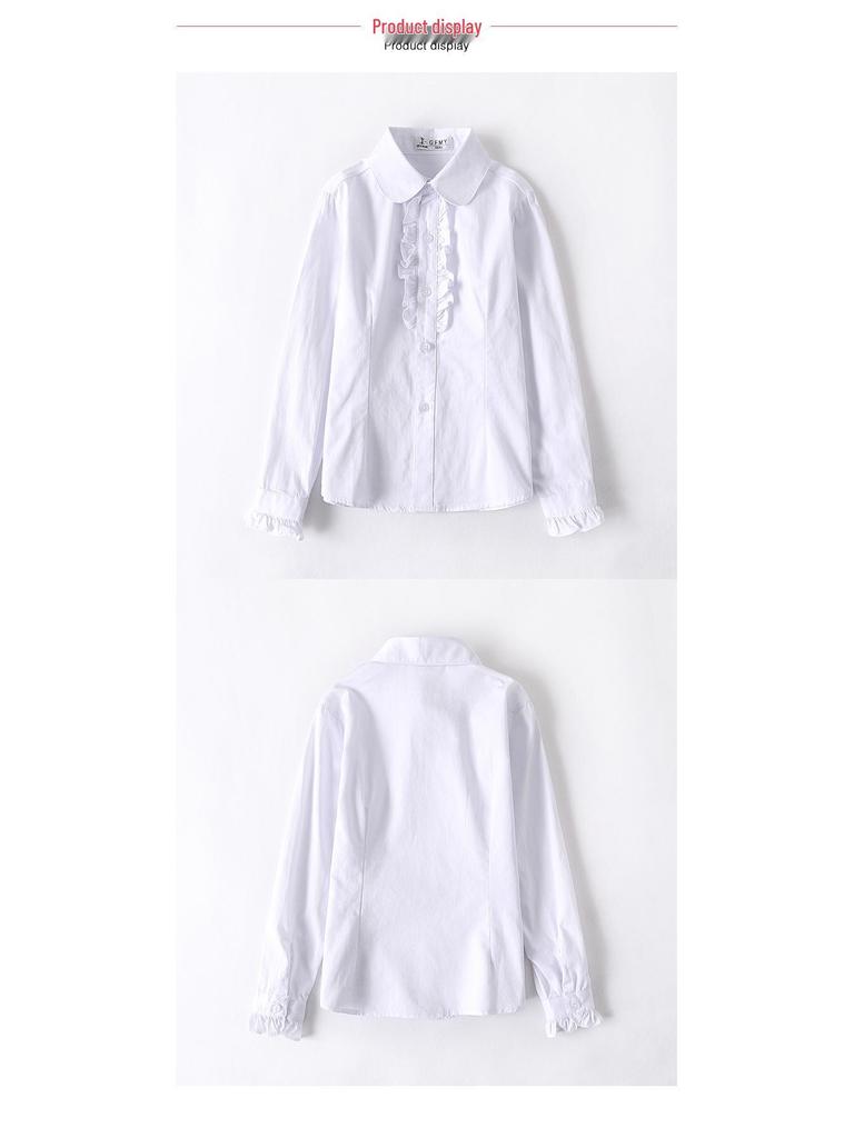 Girls' White Fleece-Lined Cotton Shirt: Long-Sleeved School Uniform for Elementary to Middle School.