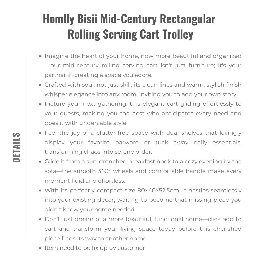 Homlly Bisii Mid-Century Rectangular Rolling Serving Cart Trolley