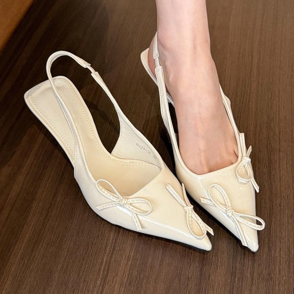 Taro girl! Gentle purple pointed head bow stiletto heels women's shallow mouth back empty sandals