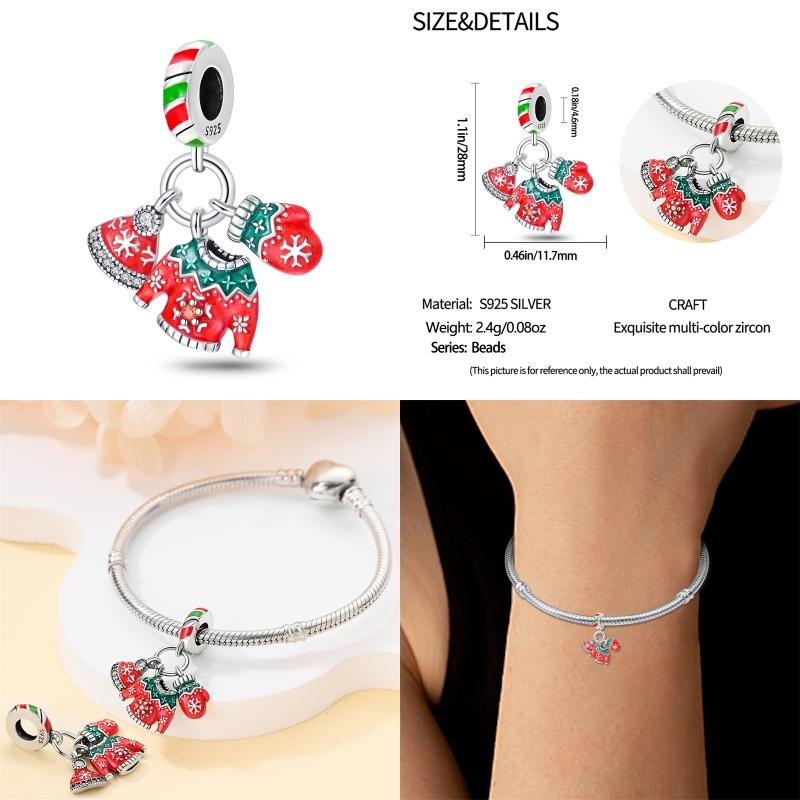 Silver-Plated Christmas Series Charms for Women, Fits Original Diy Bracelet, Bangle, DIY Beads, Birthday, Fine Jewelry Gift