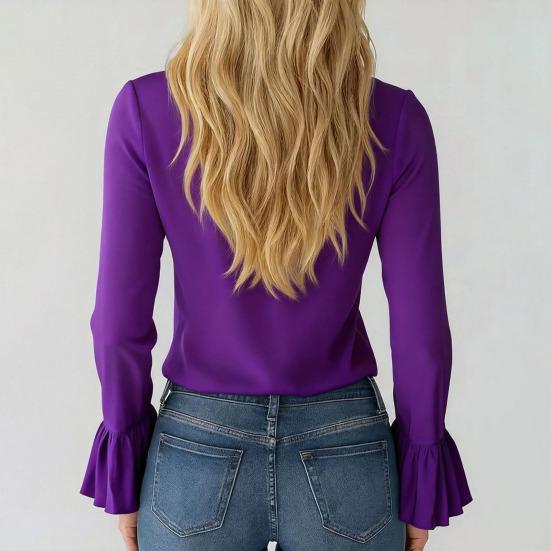 Women Shirt V-neck Ruffle Trim Flared Long Sleeve Casual Tops Pure Color Office Lady