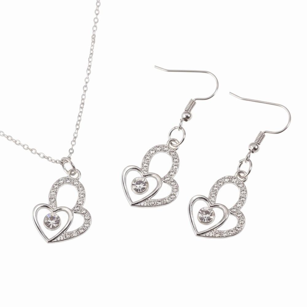 Gold Color Love Charm Earrings Exquisite Silver Color Double Heart Necklace 3Pcs Set Light Luxury Bridal Accessory Set