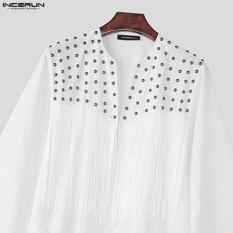 INCERUN Men Long Sleeve Open Front Tassel Rivet Patchwork Long Cardigan Tops