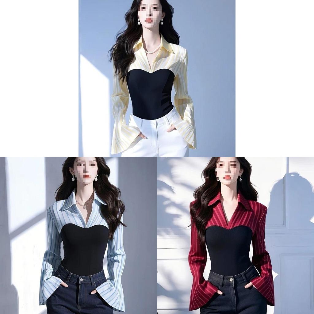 Spring New Blue Stripe Faux Two Piece Shirt With 3d Pattern For Office Wear Women
