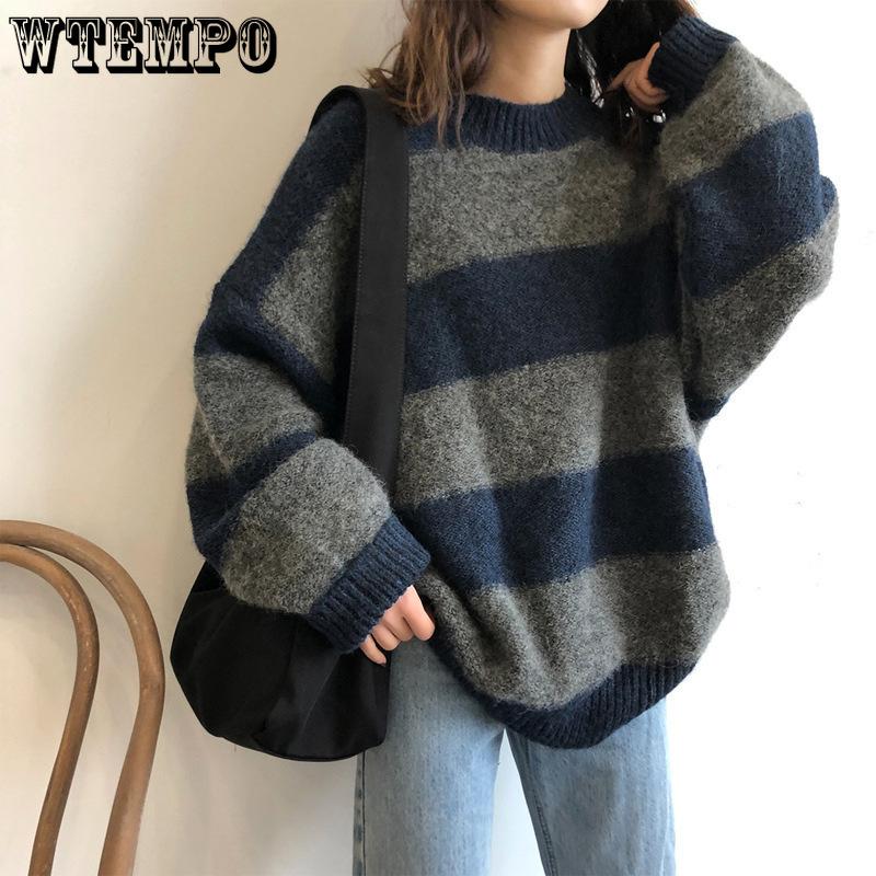 Color-blocking Striped Knitted Sweater for Women Loose and Casual Sweater Long-sleeved Trendy Pullover for Women Autumn and Winter