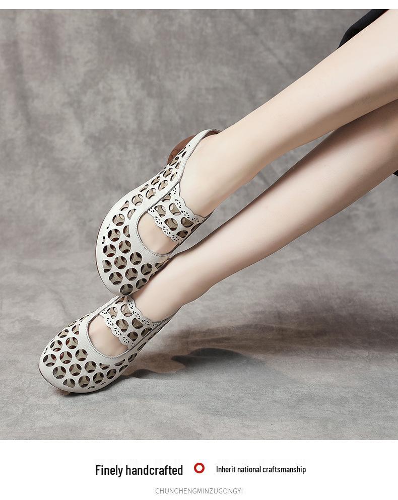 Baotou Women's Genuine Leather Mid-Heel Ethnic Style Slippers - Summer 2025 Hollow Soft Sole Sandals