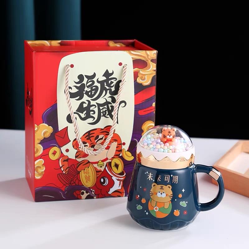 Year of the Tiger Mug with Lid Creative Large Capacity Ceramic Cup Couple Pair Cup Cute Cartoon Coffee Mug for Home Use