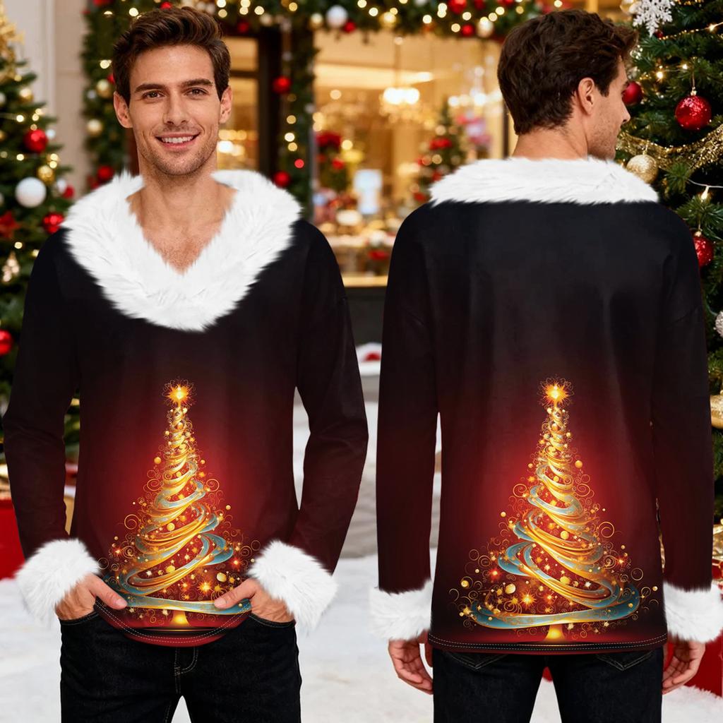 Męska bluza z kapturem z nadrukiem świątecznym, podszyta polarem | Sweter imprezowy z imitacją obszycia i kieszenią | Duży rozmiar, luźny krój, świąteczny pulower