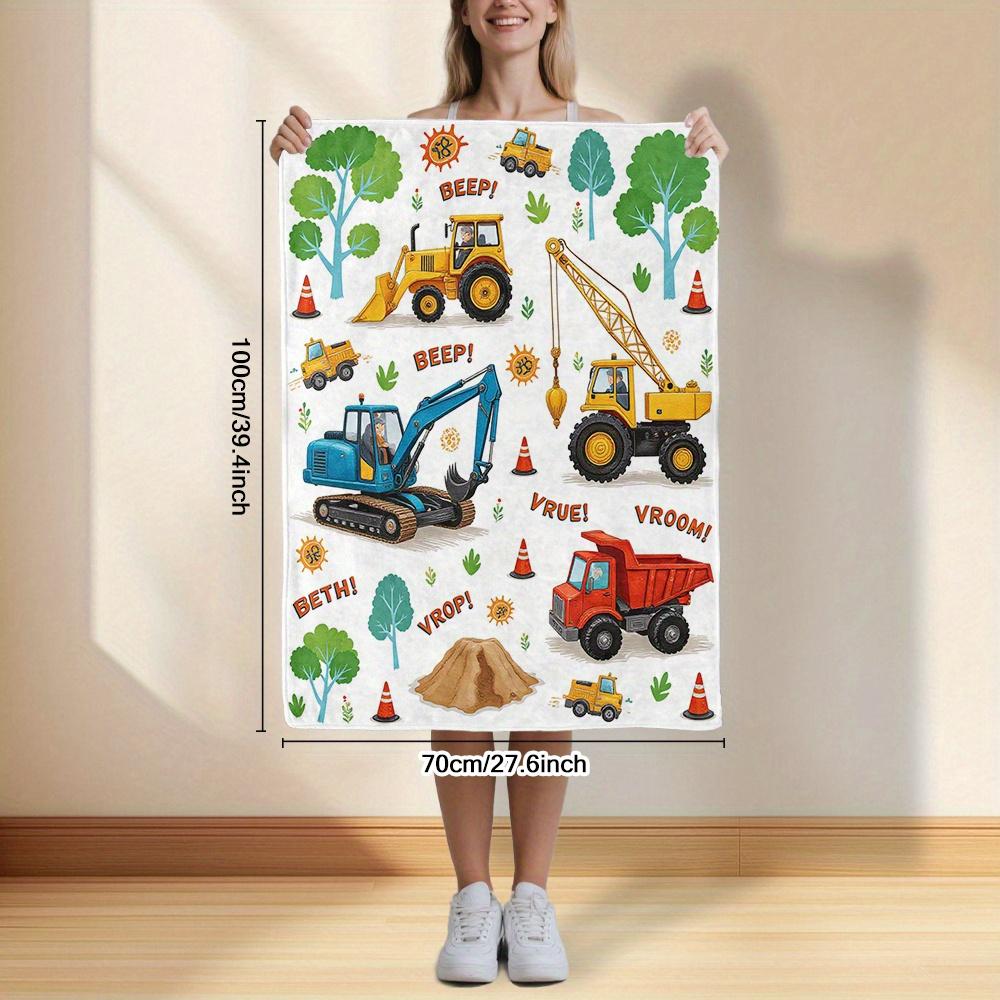 Cartoon Construction Vehicles Throw Blanket - Vibrant Tractor Excavator Kids Pattern Cozy Soft Accent for Bed Couch Car Decor