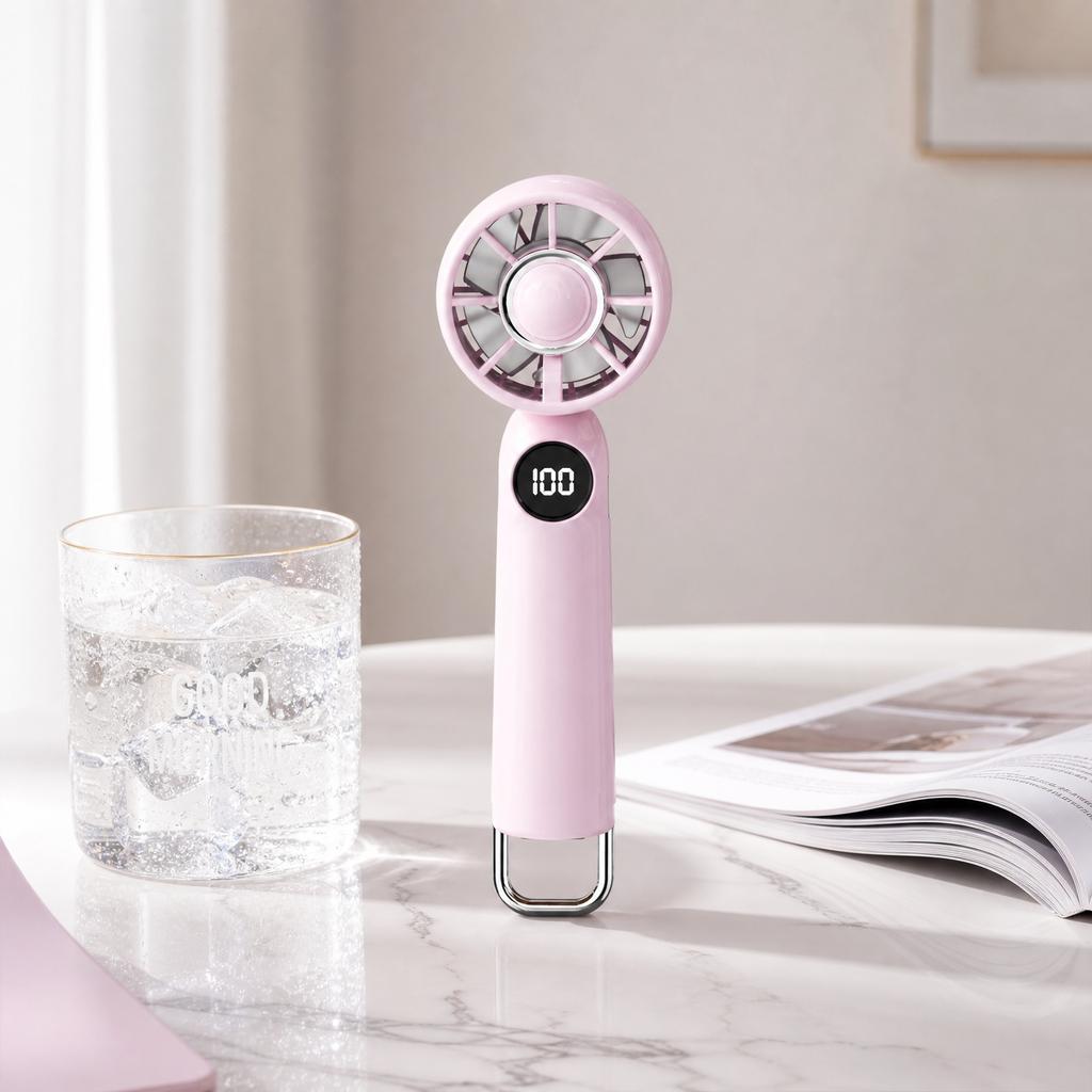 Portable Mini Handheld Fan with Digital Display Rechargeable Battery Operated Five Speed Settings Compact Design Long Lasting 3 To 6 Hours Runtime
