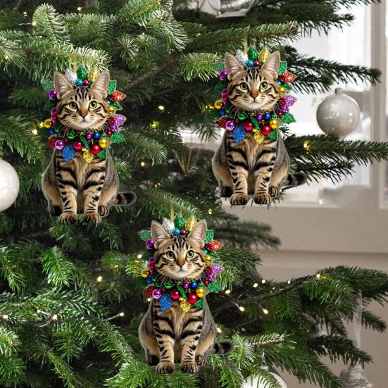 Cute Cat Car Mirror Hanging Charm 2D Flat Acrylic Kitten Christma Tree Ornament Car Interior Pendant for Xmas Home Window Backpack Decor