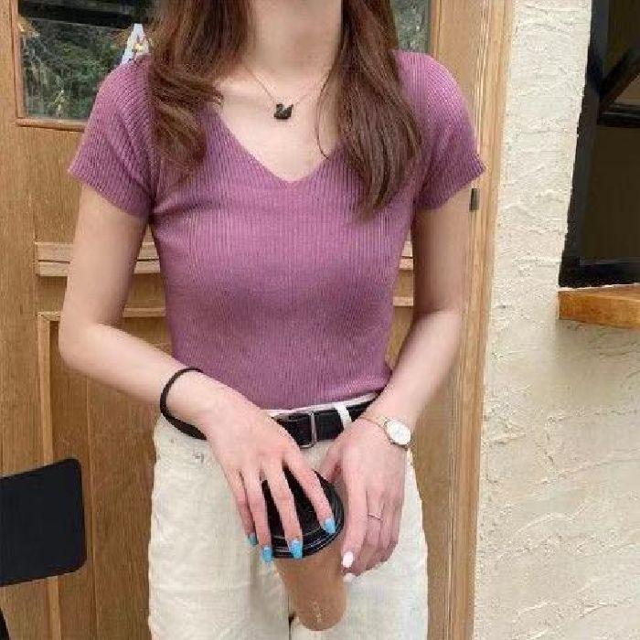 V-neck knitted sweater women's summer ice silk T-shirt new short-sleeved bottoming shirt women's slim top