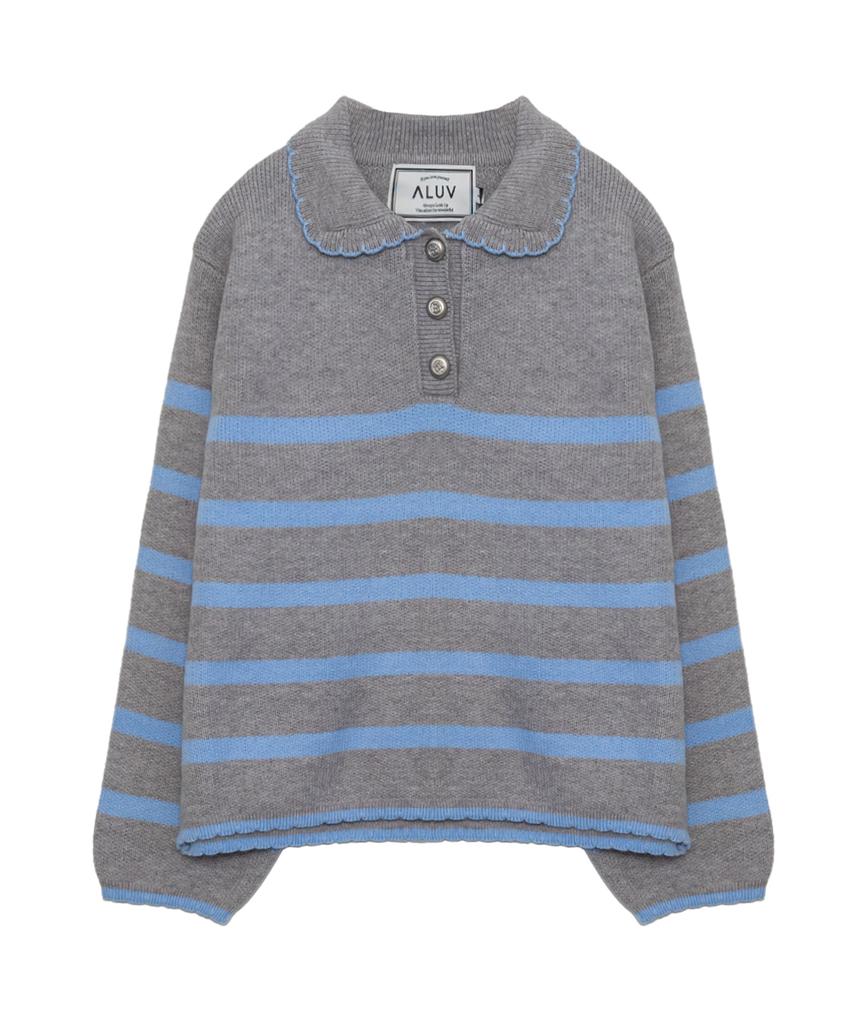 Eilubeu Embroidered Collared Striped Knit Aarbpo103B
