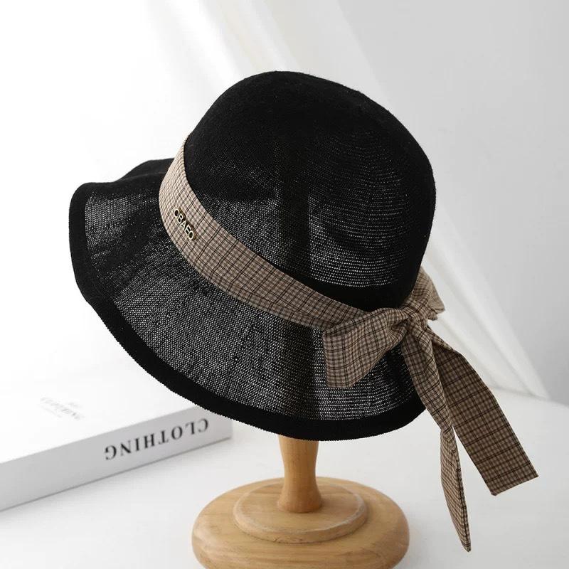 Spring and Summer Thin Breathable Fisherman's Hat Children's Fashion Plaid Bow Big Eaves Hat Sunshade Sun Hat