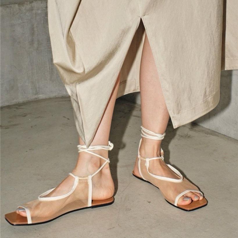 Fashion French Style Square Toe Lace-up Breathable Mesh Open Toe Flats Sandals For Women 2025 Summer Shoes Ankle Strap Sandalias Mujer