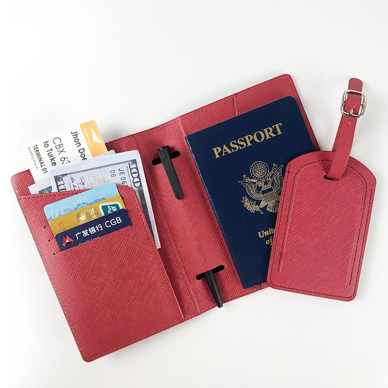 OEM multi-functional leather with pen plug-in cable pu leather cross pattern passport cover luggage tag custom set