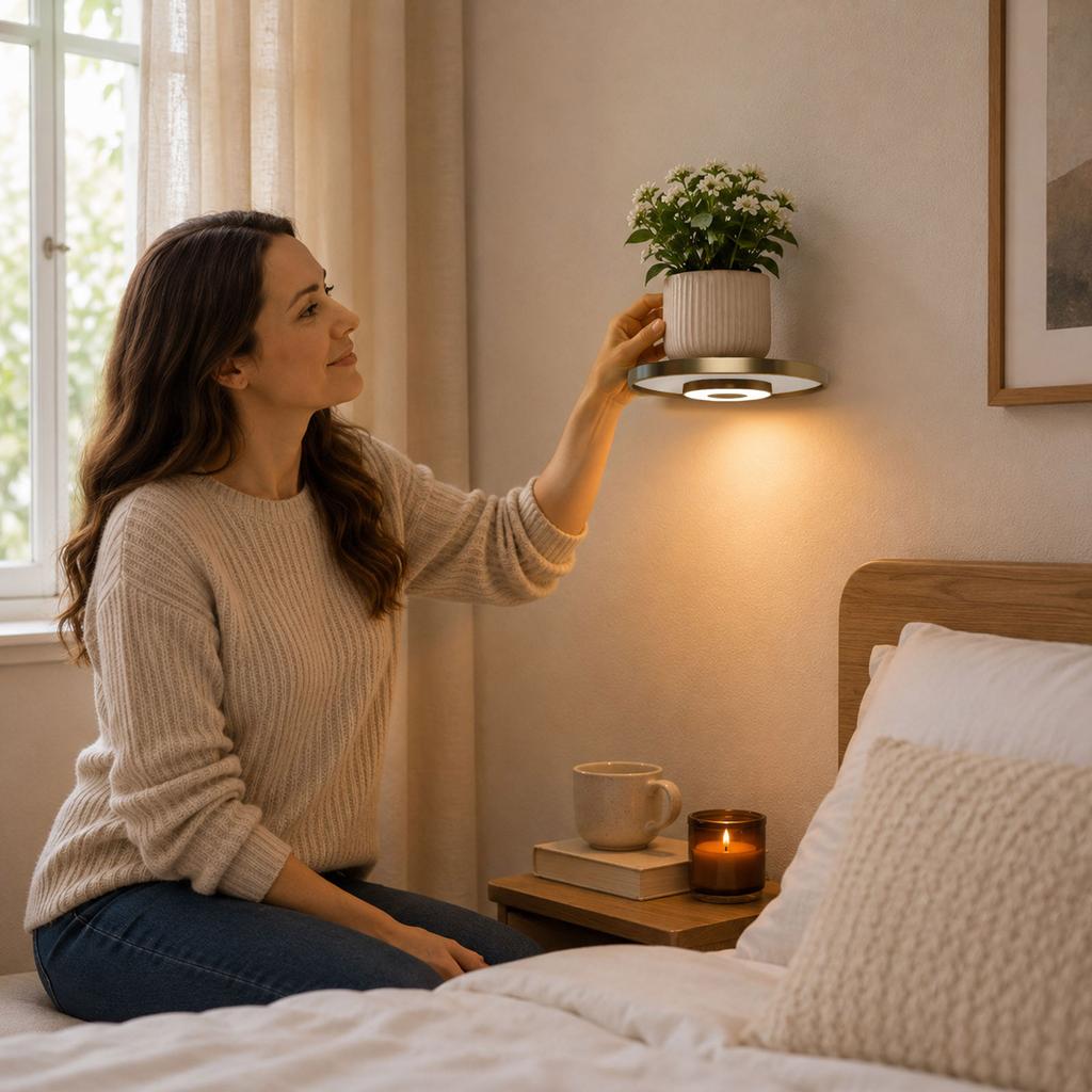 Floating Wall Shelf with Built-in Lights, Modern Plant Display Shelf, -Saving Mount, for Living Room and Bedroom