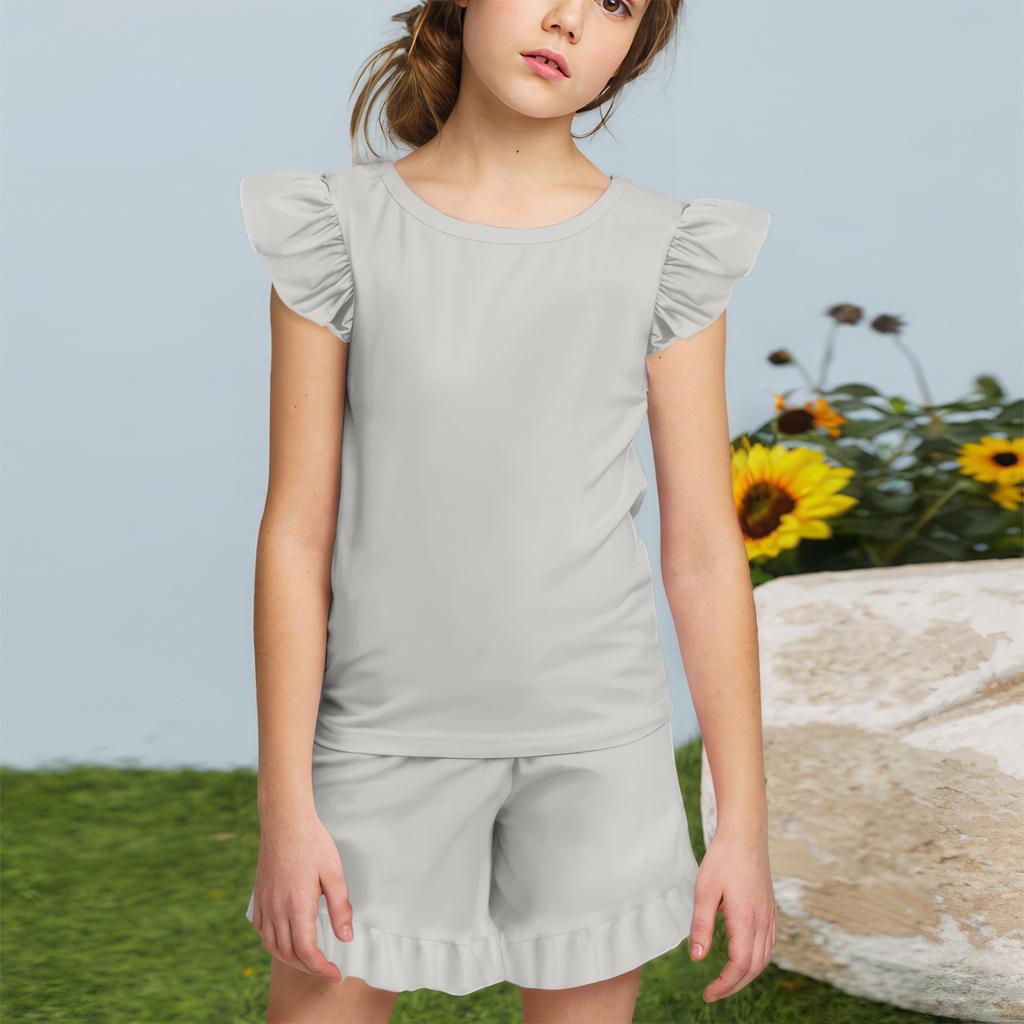 Summer Girls Cute Suit Flying Sleeves T-shirt Top + Ruffled Shorts Daily Outdoor Wear Cute Casual Fashion 2-Piece Set
