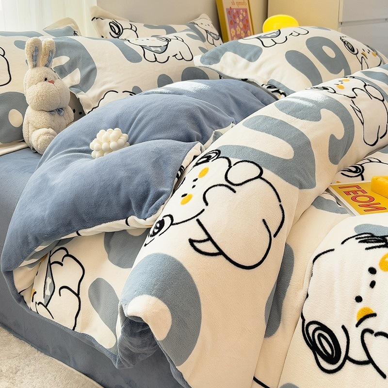 Winter Thickened Milk Velvet Four-piece Set Plus Velvet Warm Coral Velvet Quilt Cover Flannel Sheet Quilt Cover Bedding