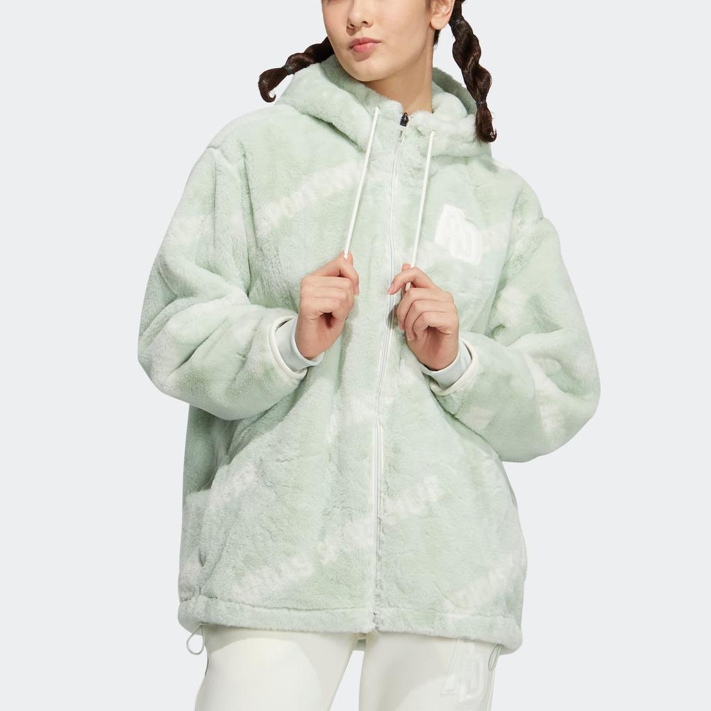 Adidas Monogram Jacket Letter Print Fleece Loose Hooded Coat Women Jackets Linen-Green IB2708