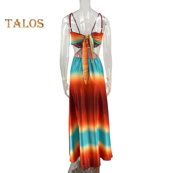 Letnia sukienka plażowa z niskim wycięciem, odkrytymi plecami, bez rękawów, ażurowa, wakacyjna sukienka slip, sukienka maxi A-line w kontrastowym kolorze