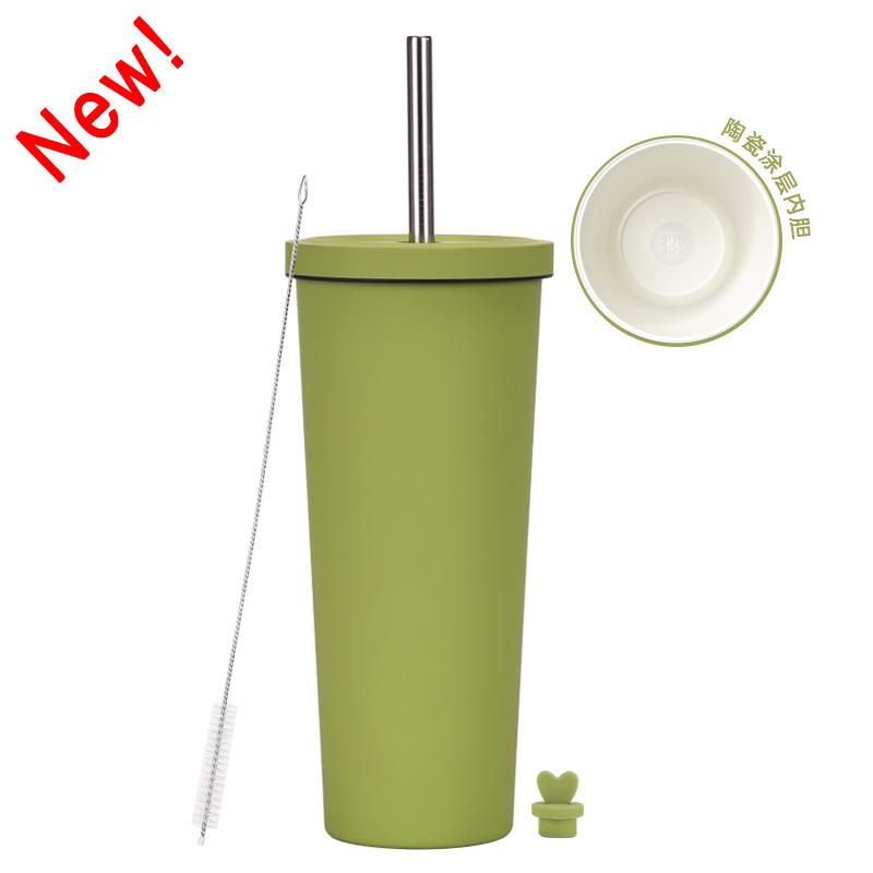 2025 Ceramic Liner Milk Tea Cup Large Capacity 830Ml Thermos Cup Stainless Steel Straw Cup
