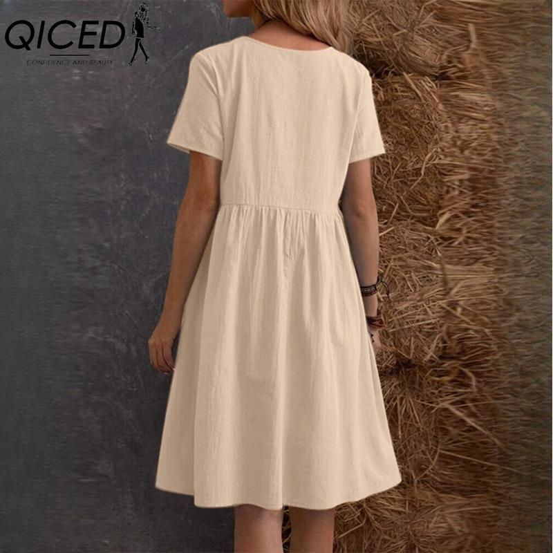 QICED Women's Fashion Summer Spring Solid Color Print O-Neck High Waist Casual Dresses