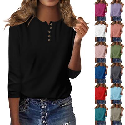 Damenmode Lässig Rundhals 3/4 Ärmel Lose Einfarbig Knopf T-Shirt Damen Top