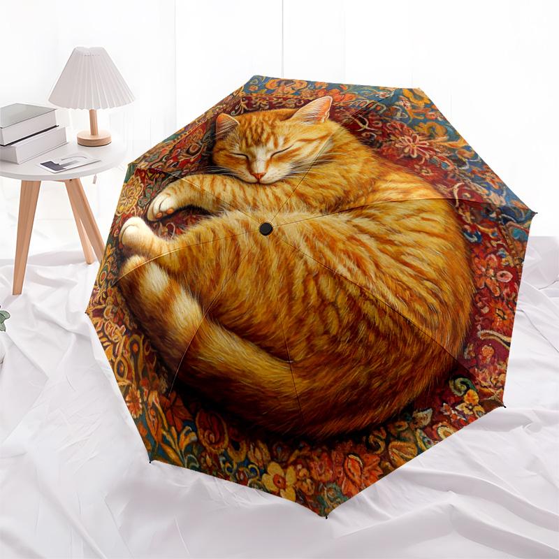 1 PC Automatic Folding Umbrella - Sleeping Orange Cat Pattern, Portable & Foldable Design with 8 Ribs, Christmas Birthday Gifts