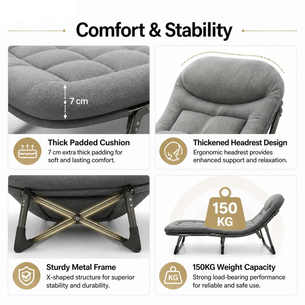Aflyever Klappbares Ruhebett für Outdoor-Camping, Etagenbett mit 5-fach verstellbarer Rückenlehne, 190 cm langes Design, dick gepolstertes Kissen, 150 kg Tragfähigkeit