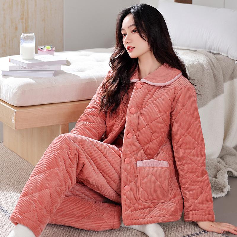 Winter padded pajamas women's three-layer thickened coral fleece padded jacket autumn and winter flannel loungewear warm suit