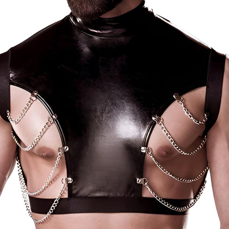 Mens Faux Leather Lingerie Set Chain Restraint Nightclub Performance Costume Role Play Game Uniform